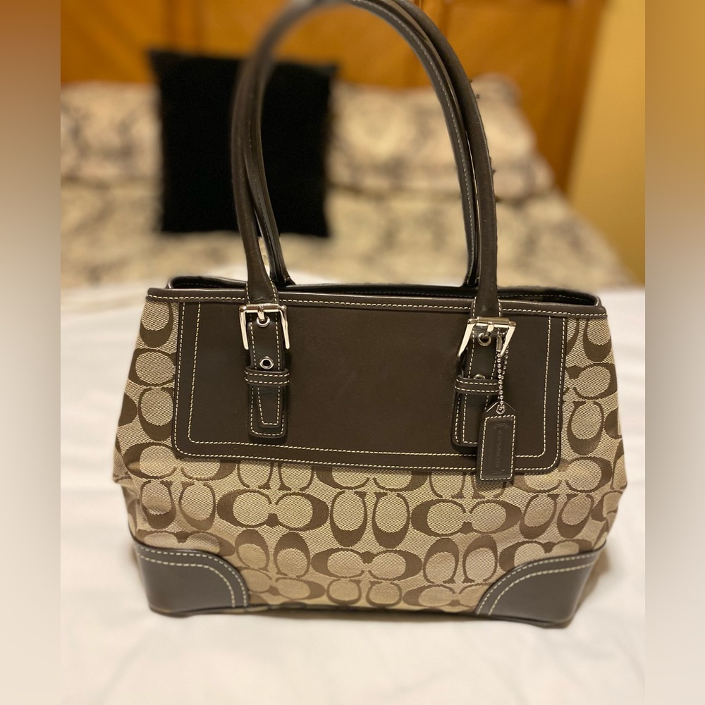 Coach Hampton Signature Jacquard Shoulder brown colored purse with leather trim